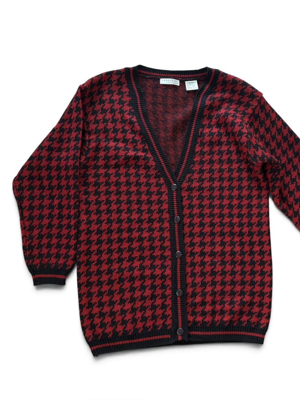 Vintage Wool Red & Black Houndstooth V-Neck Cardigan Sweater